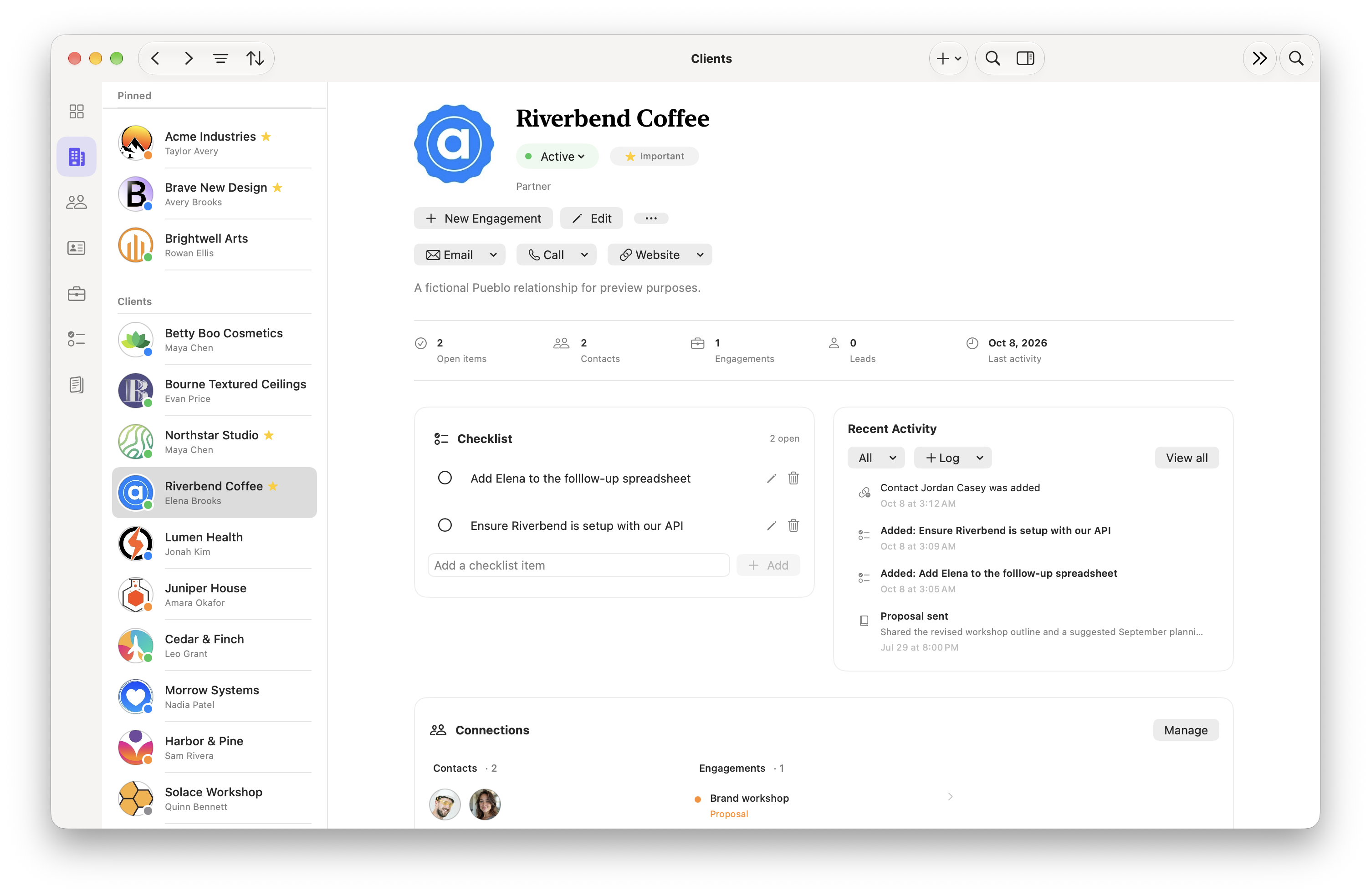 Riverbend Coffee client record with checklist, recent activity, and connections in Pueblo CRM