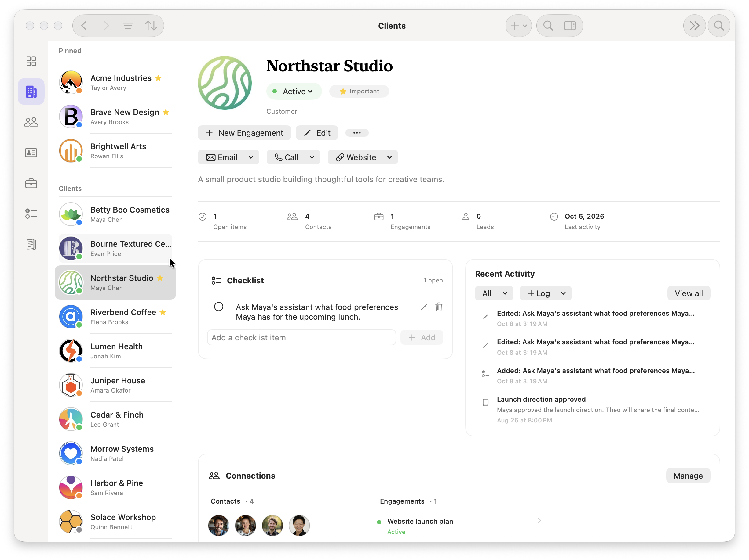 Northstar Studio client window open behind a contact record in Pueblo CRM