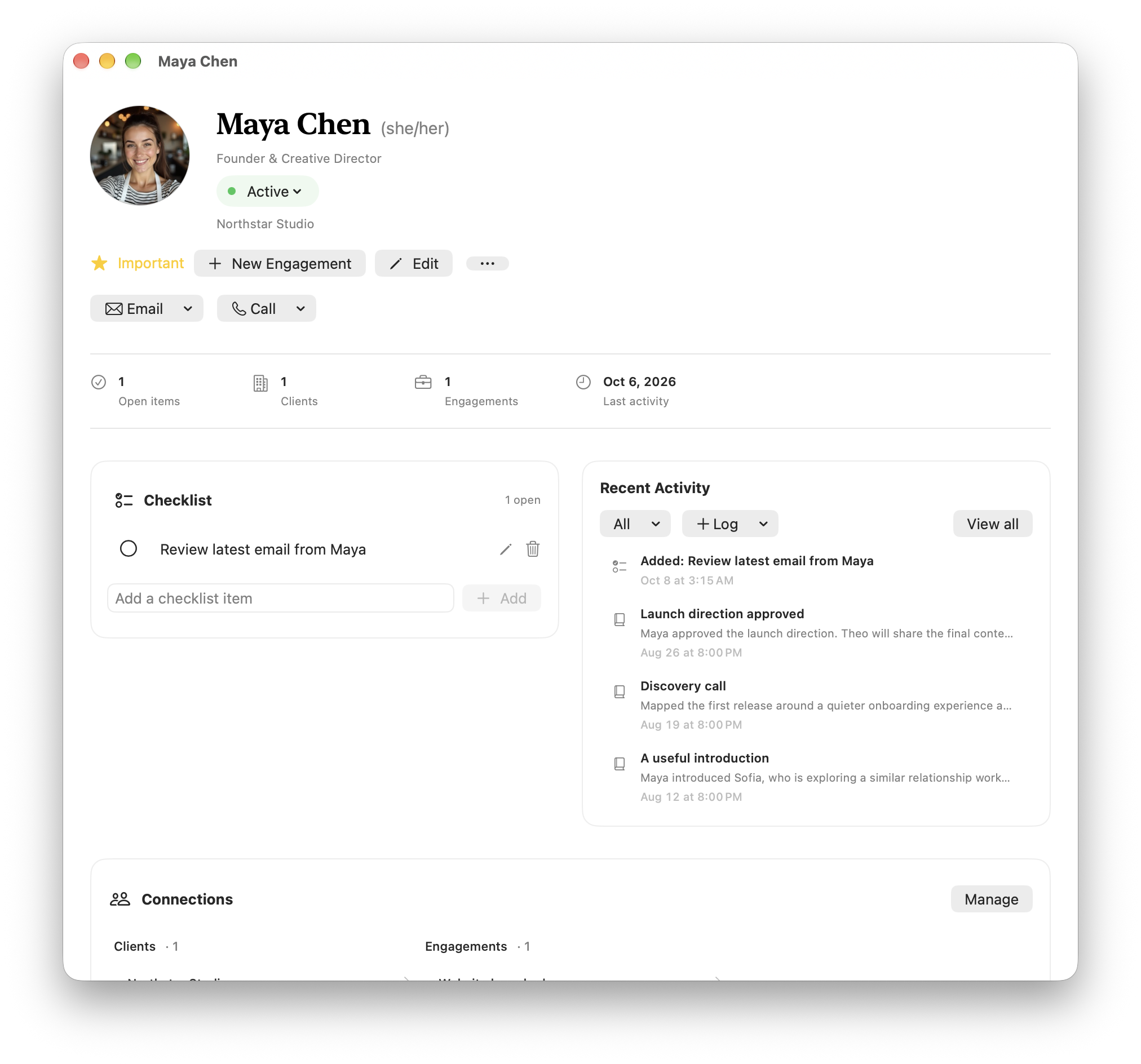 Maya Chen contact record with checklist and recent activity in Pueblo CRM