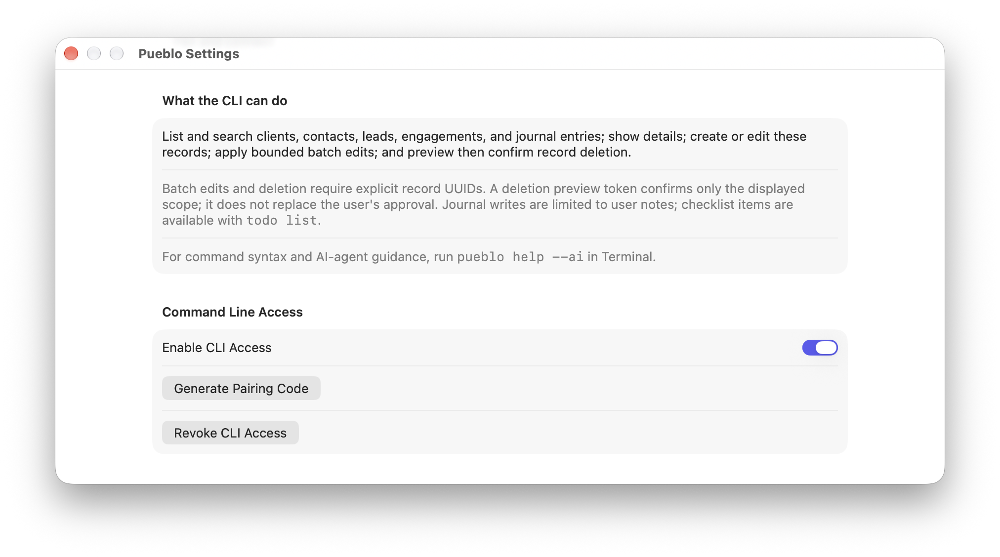 Pueblo Settings showing Command Line Access with Enable CLI Access turned on, plus Generate Pairing Code and Revoke CLI Access buttons