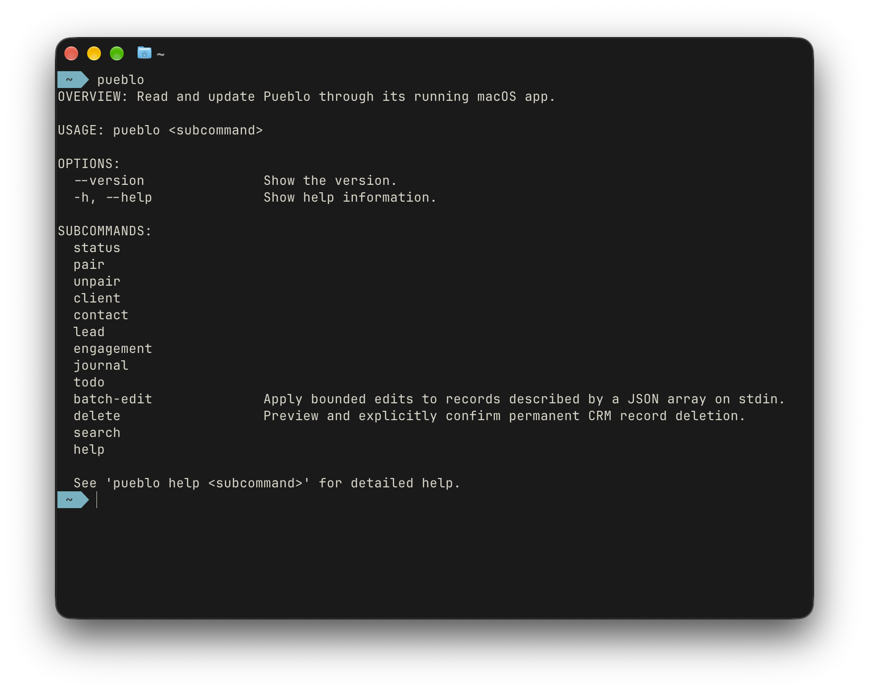 Terminal showing pueblo help output with the subcommand list