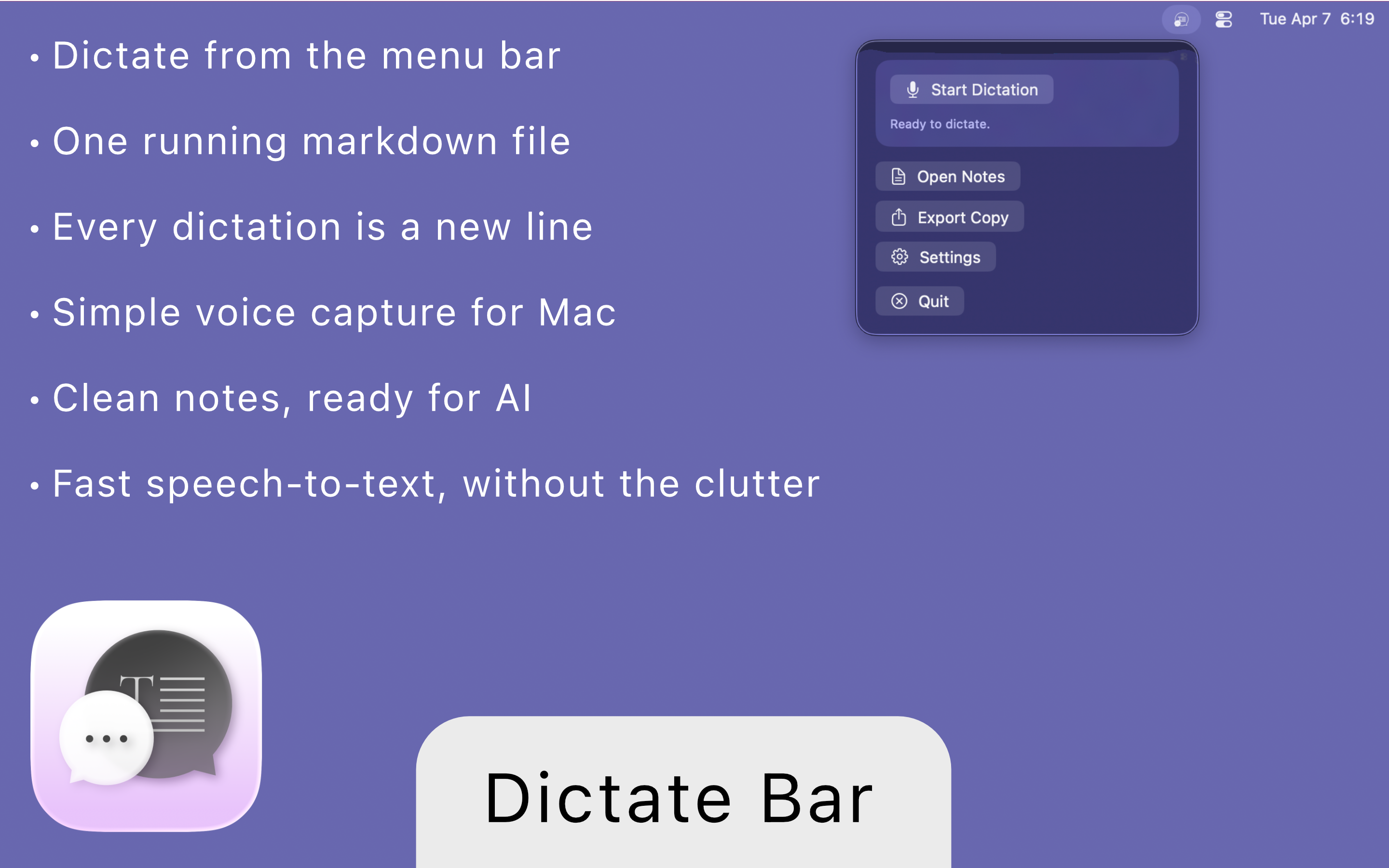 Dictate Bar product preview showing menu bar controls and one-file markdown workflow messaging